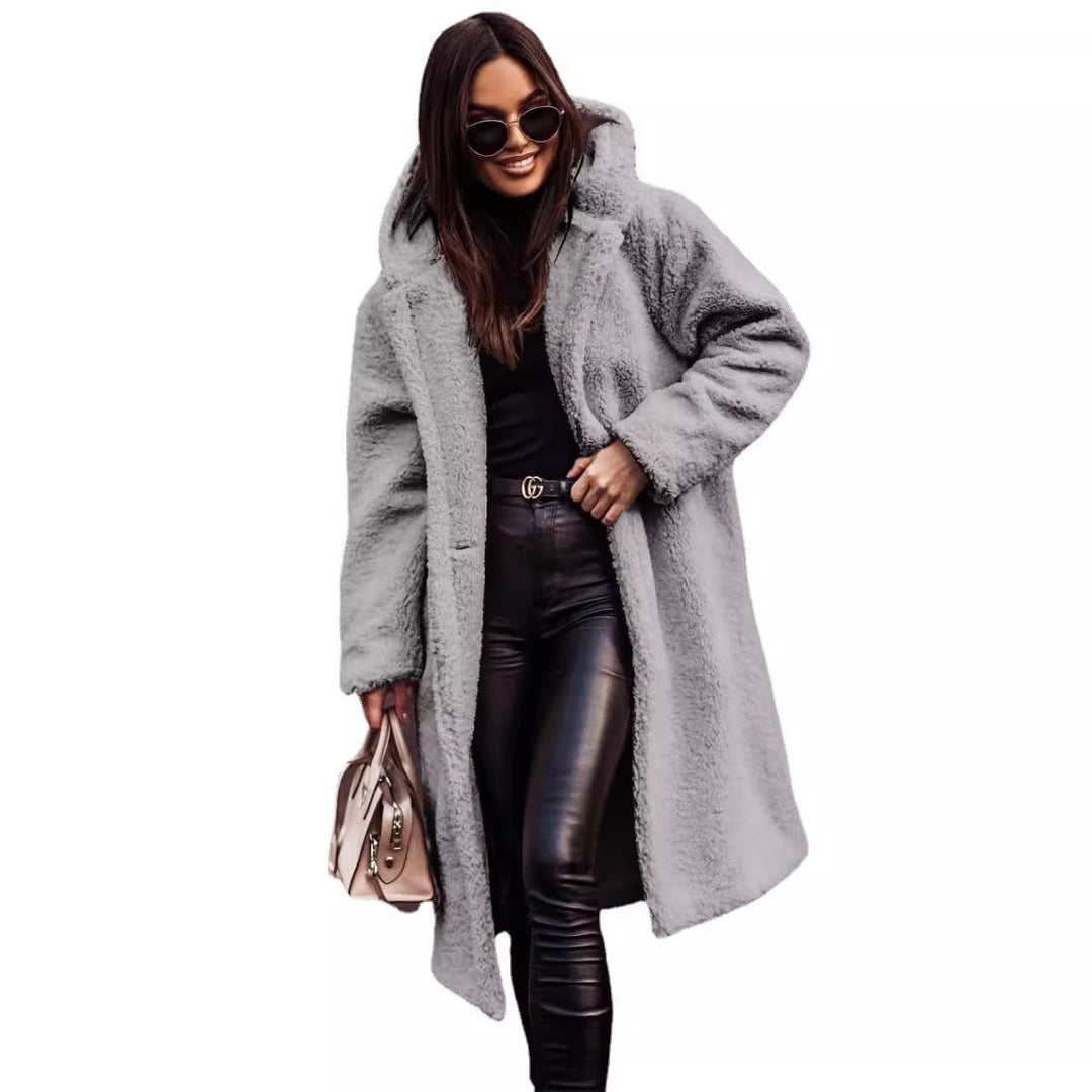 Women oversized teddy coat with hood and button closure Mune Fashion