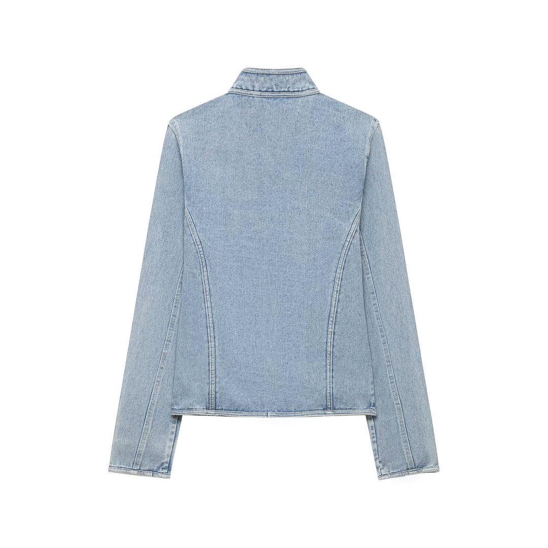 Women Tailored Denim Jacket with Military Galon Details and Stand Collar Mune Fashion