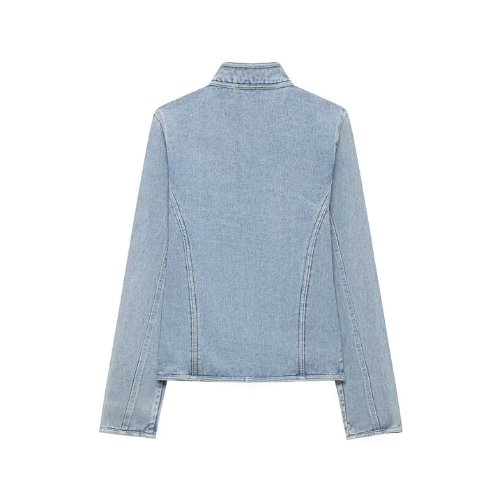 Women Tailored Denim Jacket with Military Galon Details and Stand Collar Mune Fashion