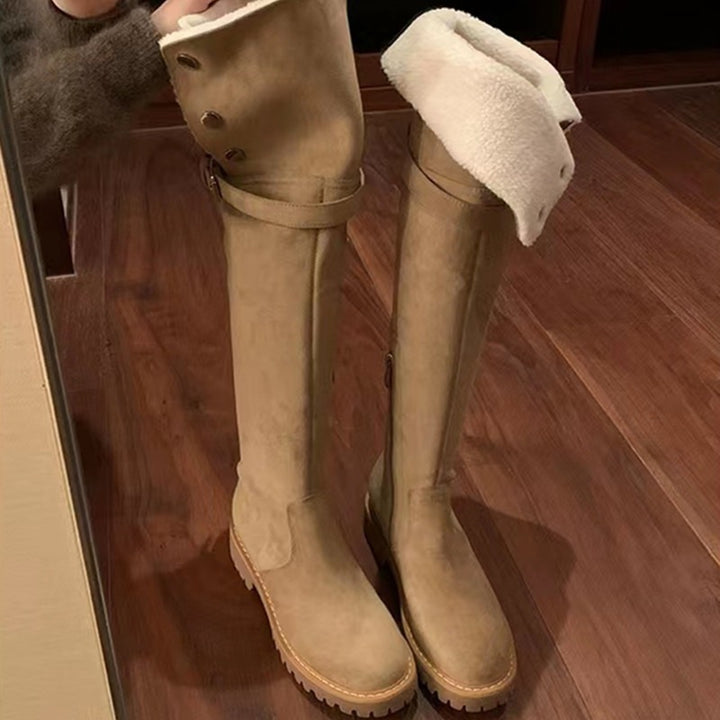 Women Knee-High Velour Winter Boots with Foldable Shaft Edge Lining and Profiled Lug Sole Mune Fashion