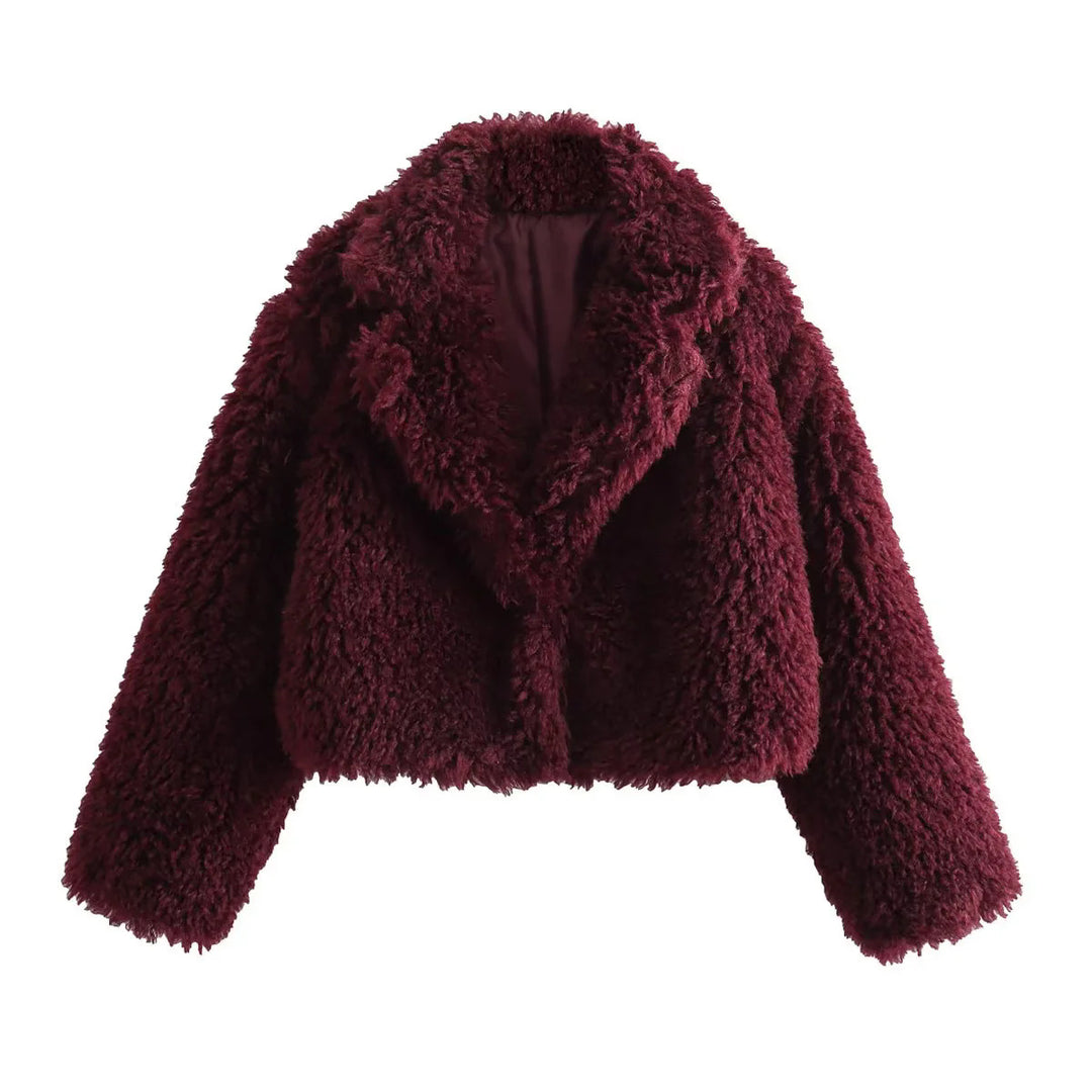 Women's short-cut teddy jacket with large lapel collar and padded lining Mune Fashion