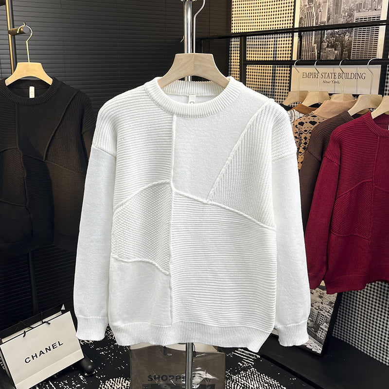 Men's Structured Patchwork Knit Sweater with Crew Neck and Ribbed Inserts Mune Fashion