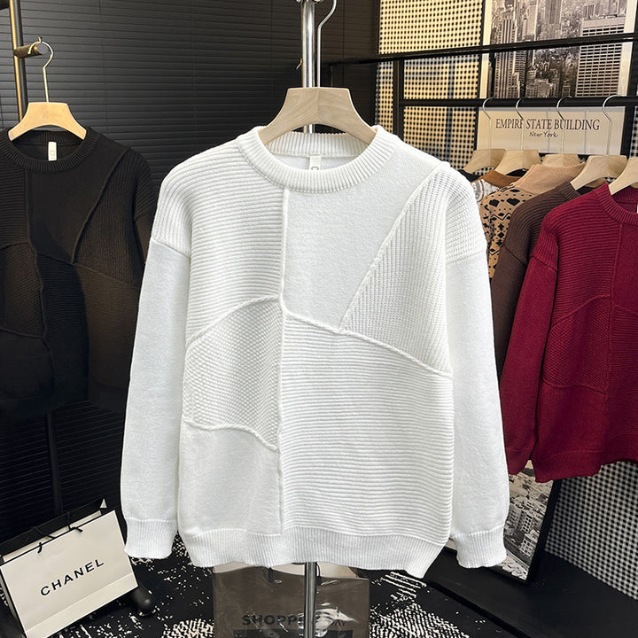 Men's Structured Patchwork Knit Sweater with Crew Neck and Ribbed Inserts Mune Fashion