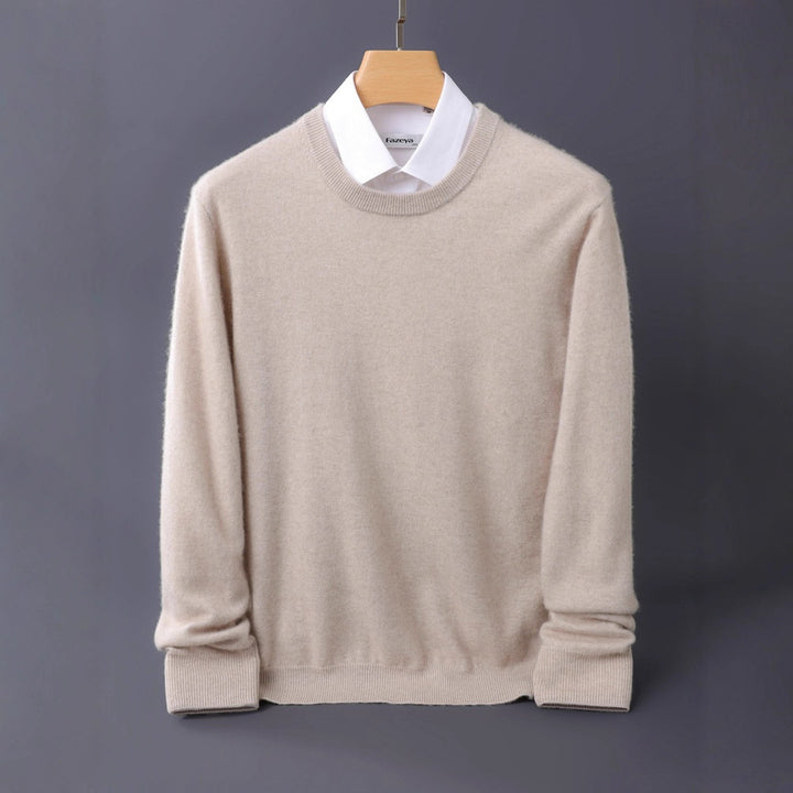 Men's Fine Round Neck Knit Sweater in Cashmere Look with Ribbed Cuffs Mune Fashion
