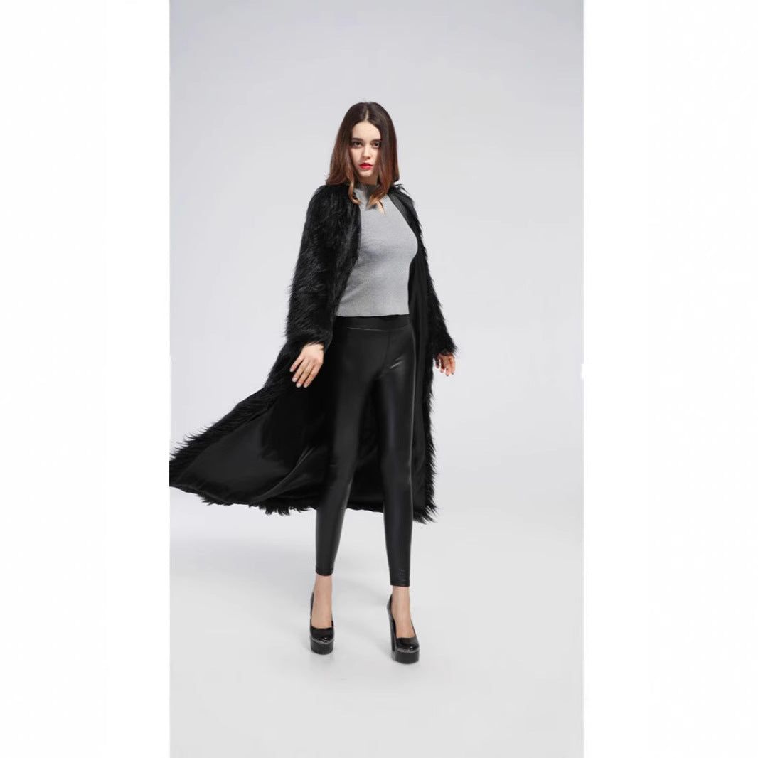 Women's extravagant floor-length high-pile faux fur coat with train and open cut Mune Fashion