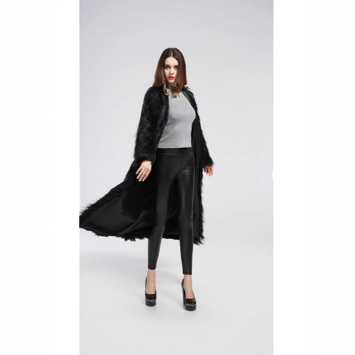 Women's extravagant floor-length high-pile faux fur coat with train and open cut Mune Fashion