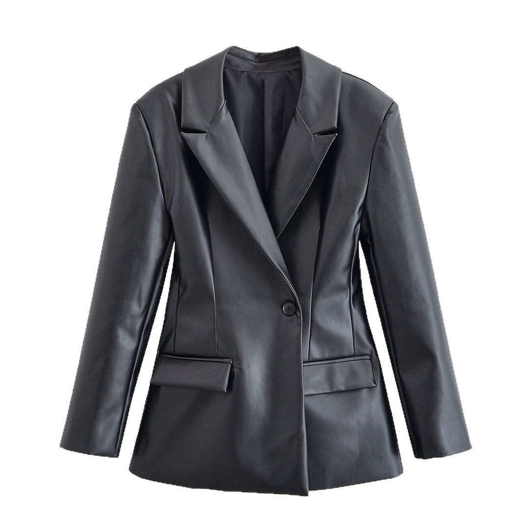 Women's Tailored Longline Faux Leather Blazer with Single Button Closure and Flap Pockets Mune Fashion