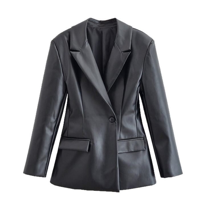 Women's Tailored Longline Faux Leather Blazer with Single Button Closure and Flap Pockets Mune Fashion