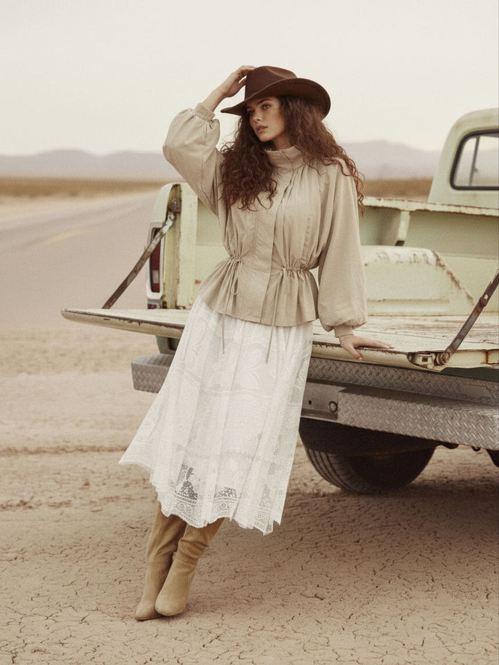 Ladies Tailored Transition Jacket with Drawstring, Stand-up Collar and Balloon Sleeves Drune