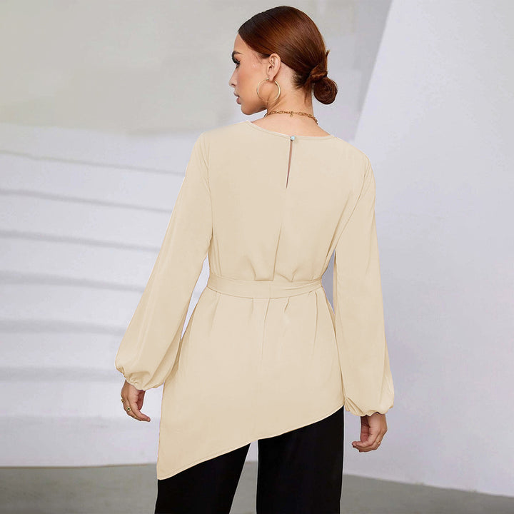 Women asymmetrical tunic blouse with balloon sleeves and waist belt Mune Fashion