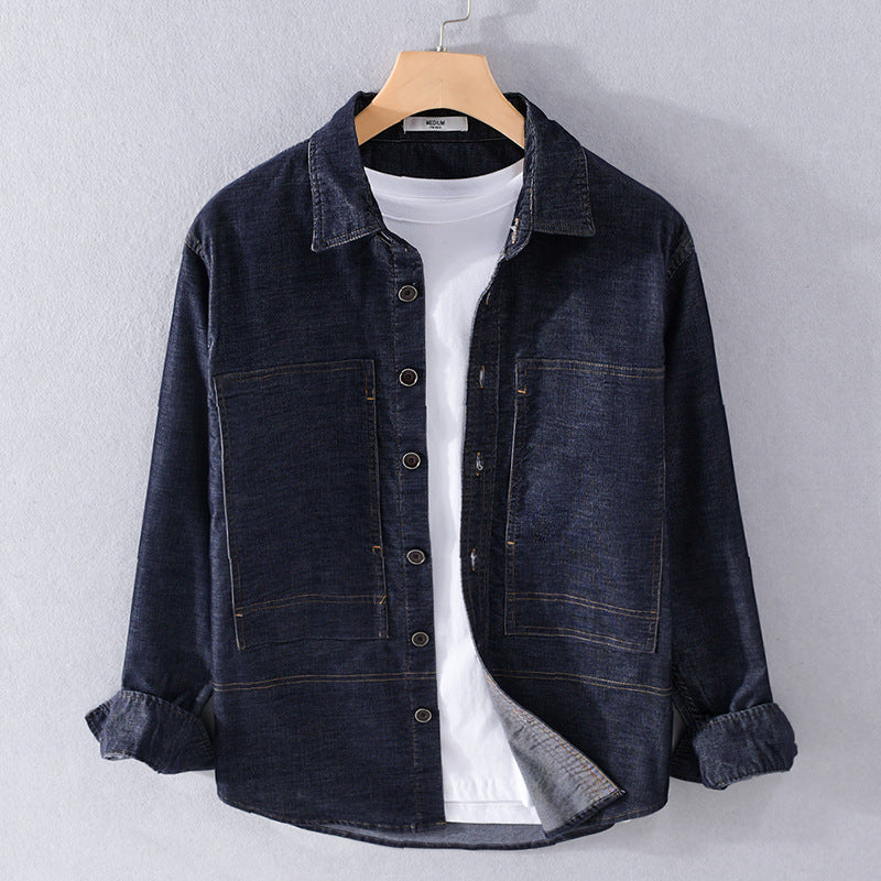 Men's Structured Denim Twill Overshirt Jacket with Large Patch Pockets Mune Fashion