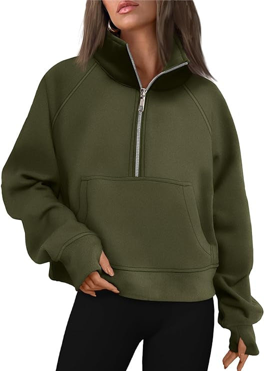 Women's cropped half-zip sweatshirt with high stand-up collar, kangaroo pocket, and drop shoulder Mune Fashion