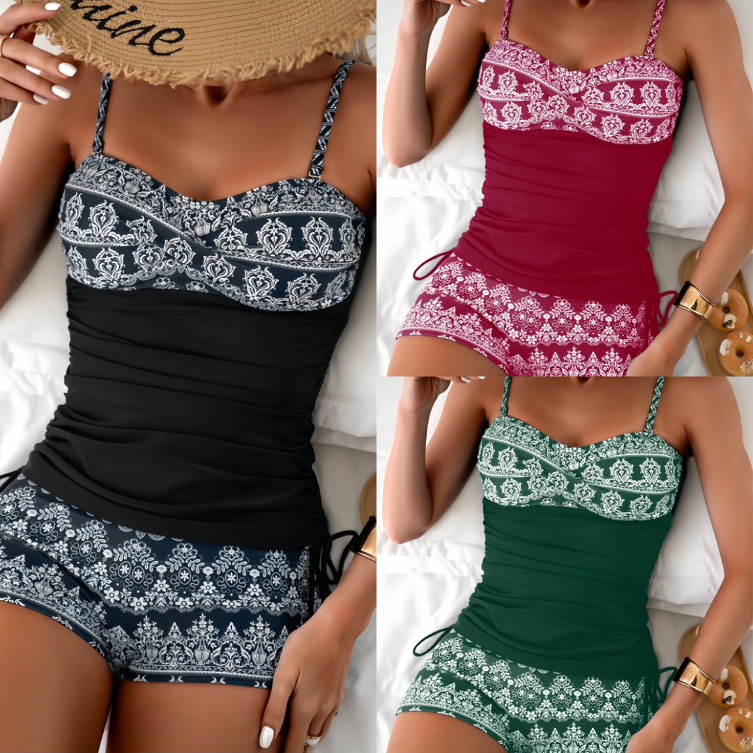 Ladies tankini top with decorative ruffles and playful design Mune Fashion