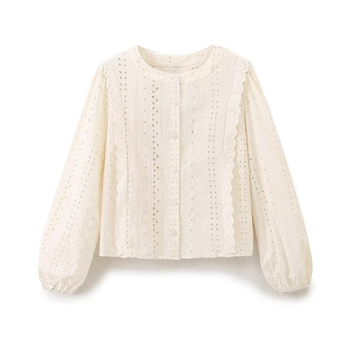 Women's Broderie-Anglaise Blouse with Round Neckline, Balloon Sleeves and Lace Trim Mune Fashion