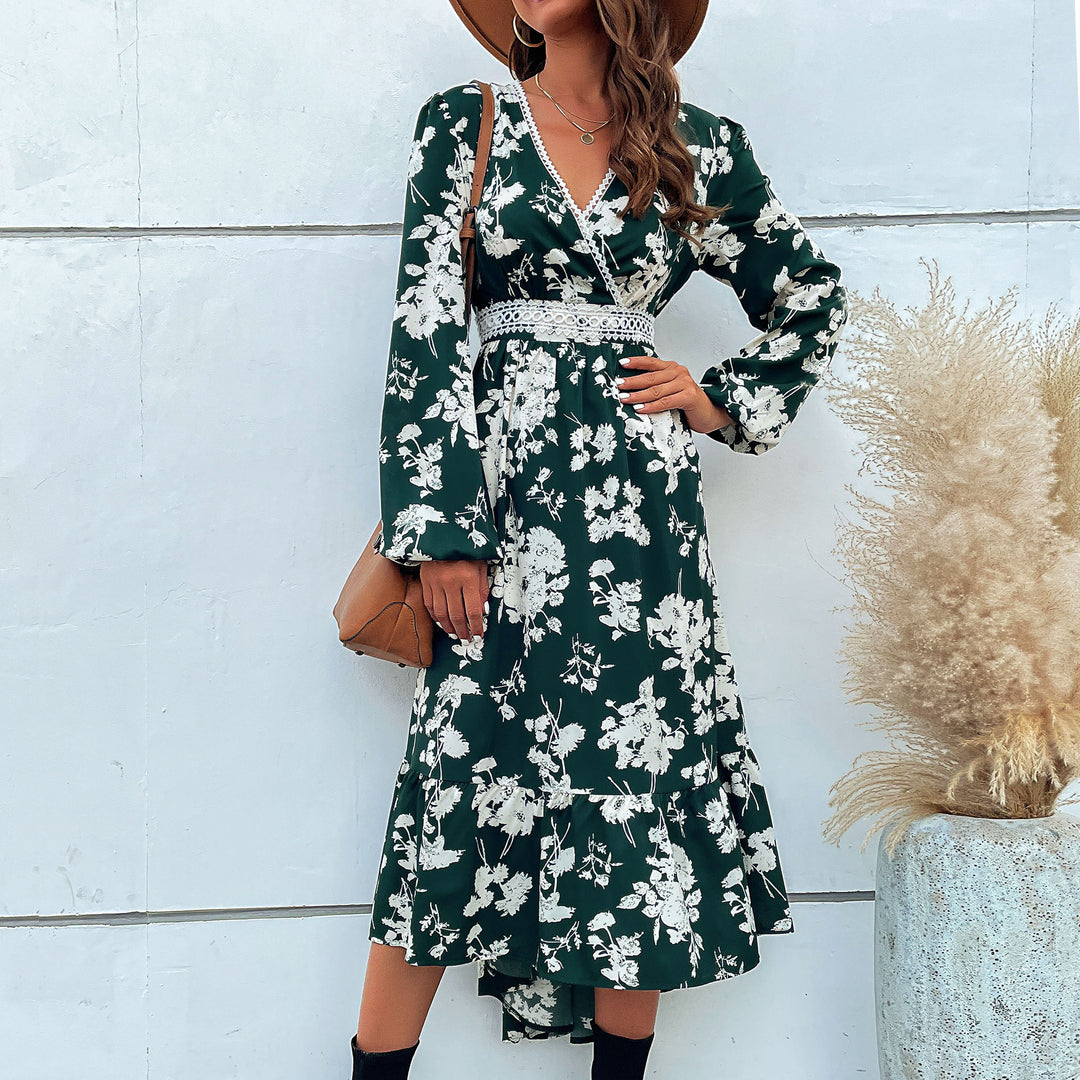 Women's Floral Midi Dress with V-Neck, Lace Trim and Waist-Defining Wrap Look Mune Fashion