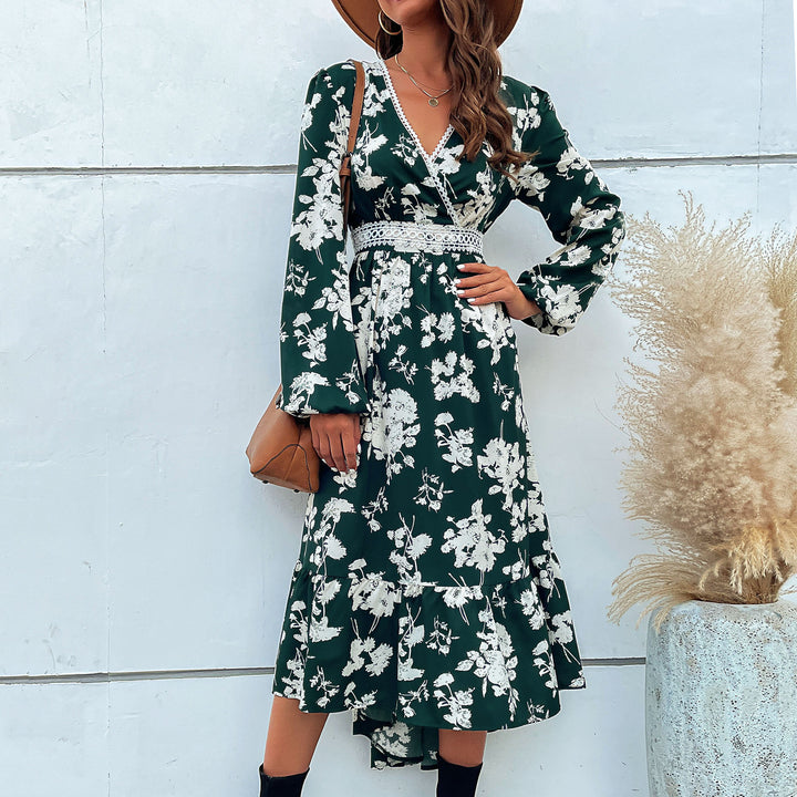 Women's Floral Midi Dress with V-Neck, Lace Trim and Waist-Defining Wrap Look Mune Fashion