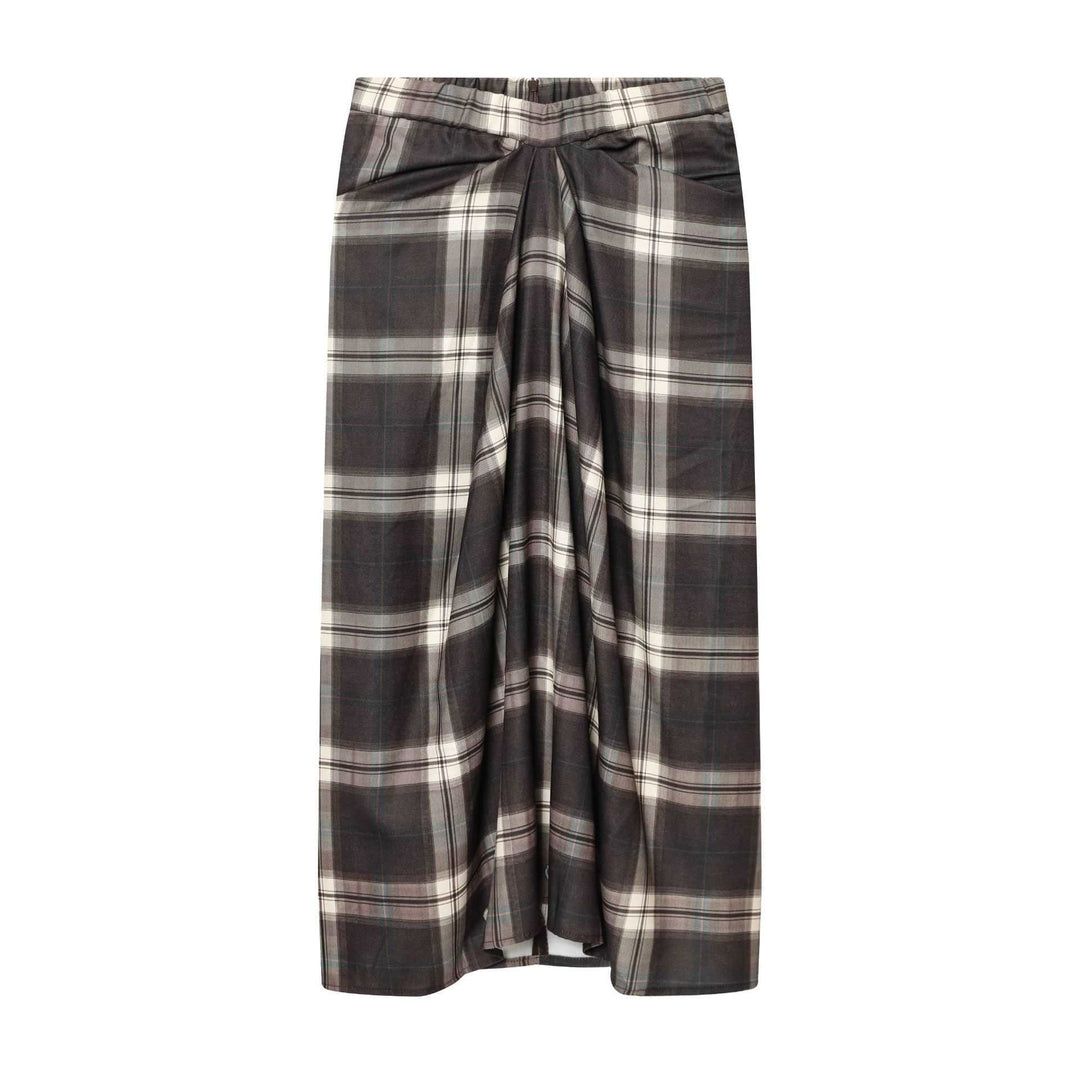 Women's midi skirt with check pattern and decorative front draping Mune Fashion