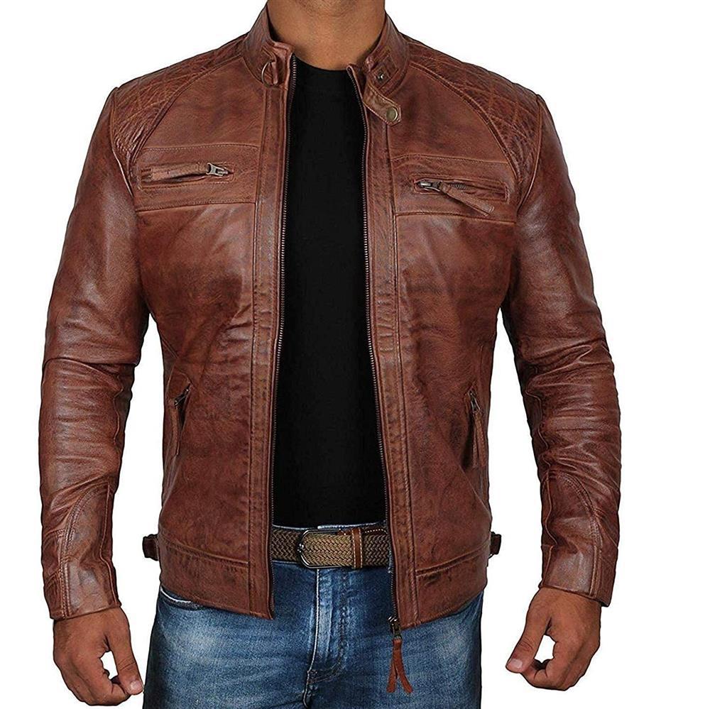 Men's Leather Jacket Biker Style Made of Genuine Leather with Stand-Up Collar and Zipper Pockets Mune Fashion