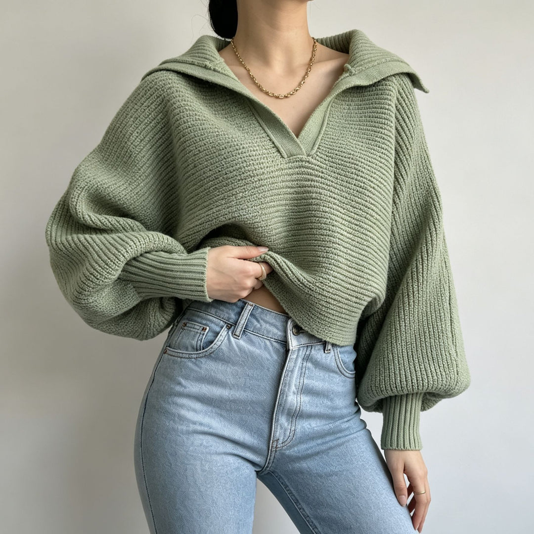 Women's Oversized Knit Sweater with Sailor Collar and Deep V-Neck Mune Fashion