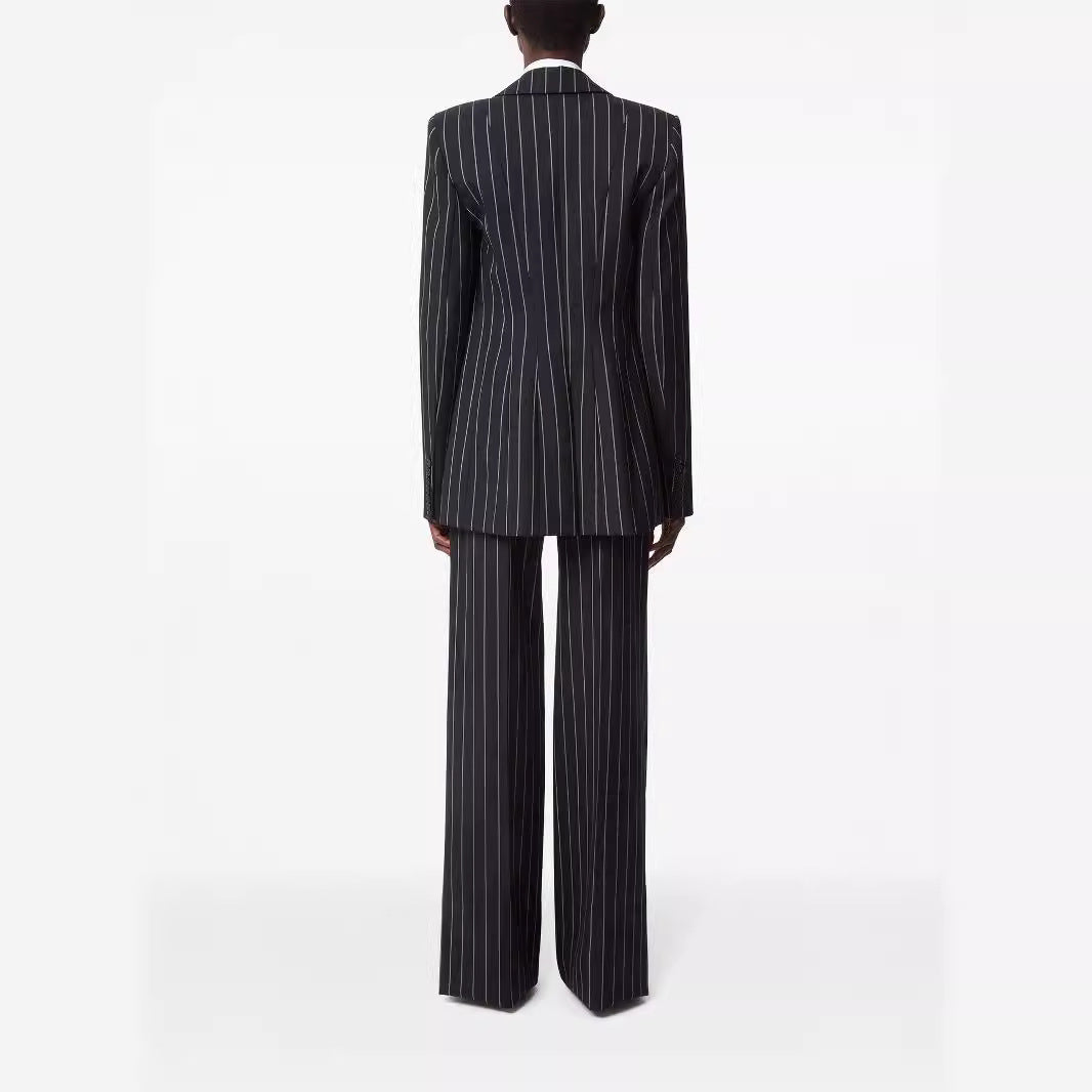 Women Oversize Pinstripe Two-Piece Tailoring Suit with Wide High-Waist Trouser Leg Mune Fashion