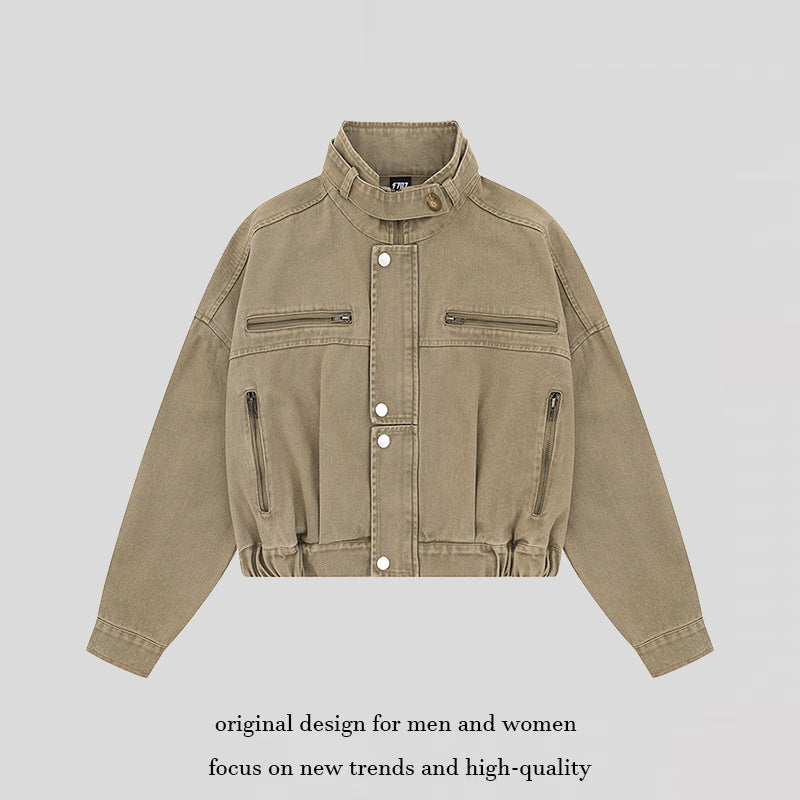 Women's Cropped Utility Bomber Jacket with Stand-Up Collar, Zipper Pockets and Elastic Cuffs Mune Fashion