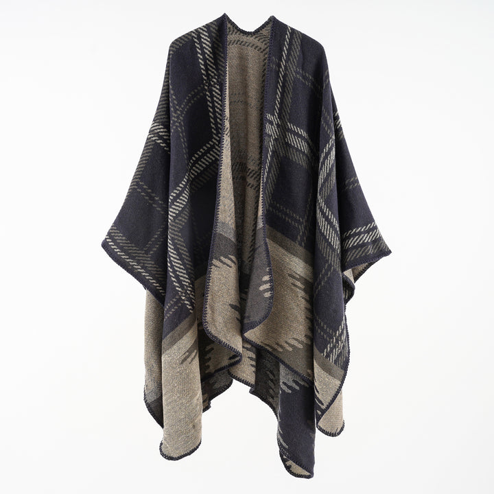 Women's coarse-woven ruana overlay made of a wool blend with structured check weaving Mune Fashion