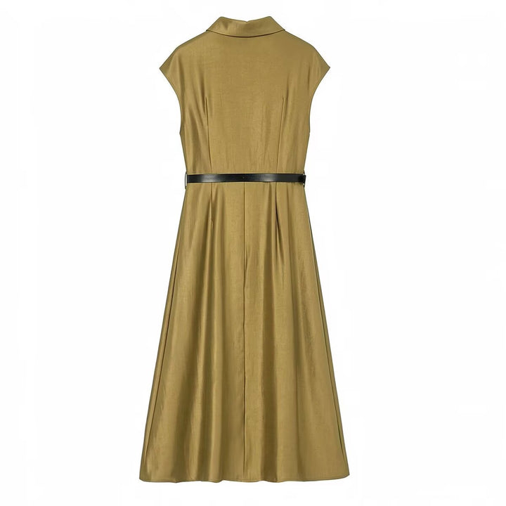 Women Sleeveless Shirt Dress with Waist Pleats and Belt Mune Fashion