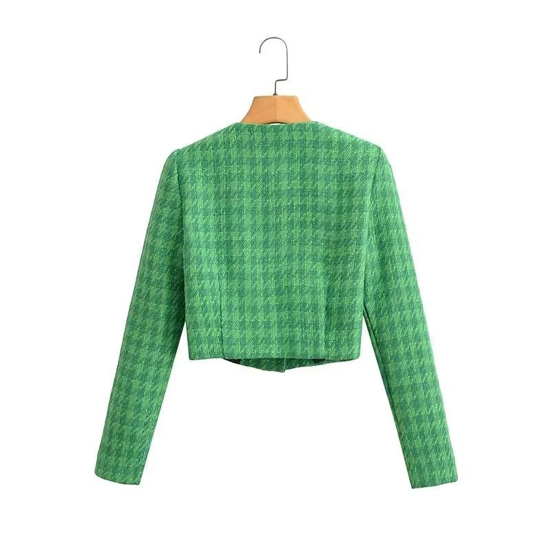 Women's short blazer made of bouclé tweed with a boxy cropped silhouette and collarless design Mune Fashion