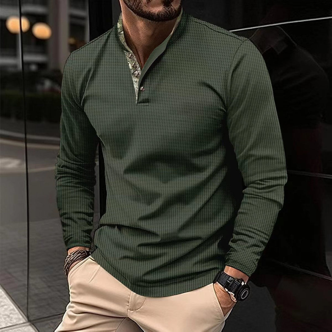 Men's long-sleeved Henley polo shirt with stand-up collar, fine texture, and patterned inner collar Mune Fashion