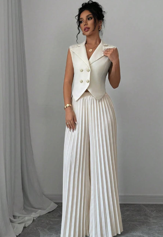 Women's Sleeveless Vest Blazer Top with Lapel and Pleated Palazzo Pants Two-Piece Evening Set Mune Fashion