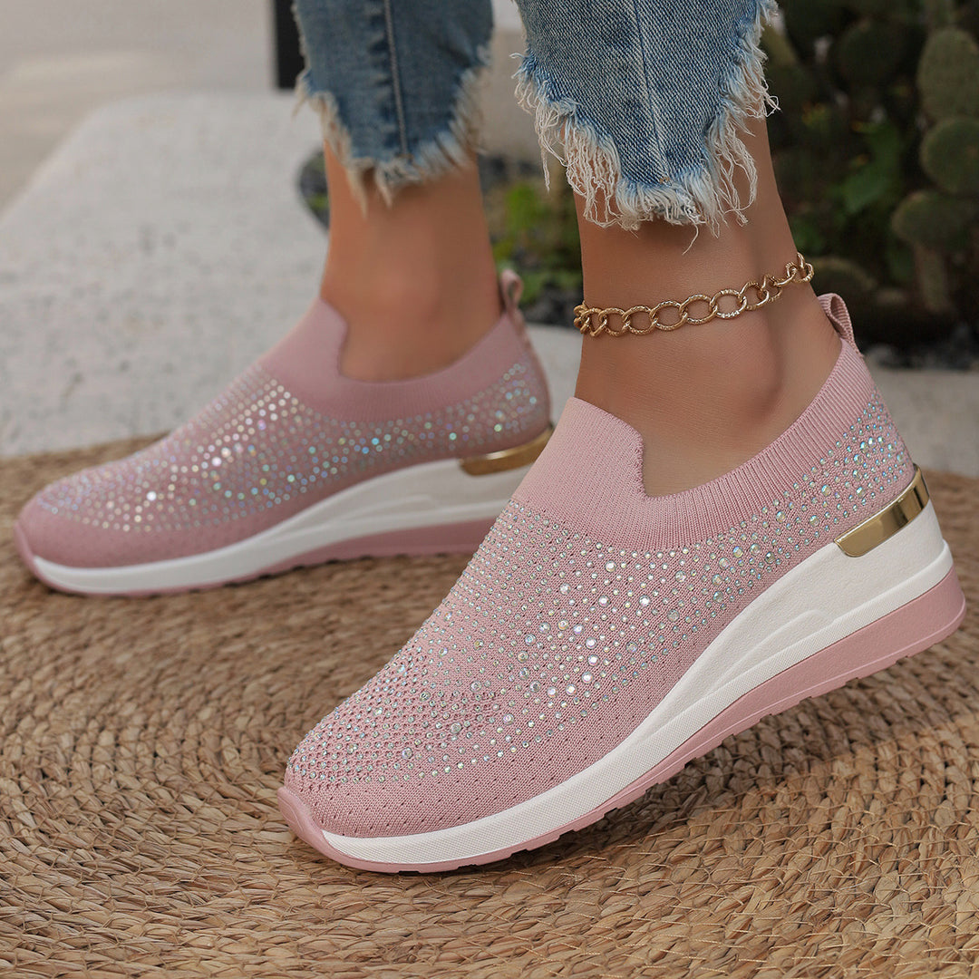 Women's knit slip-on sneakers with sparkling rhinestone trim, elastic entry, and cushioned platform sole Mune Fashion