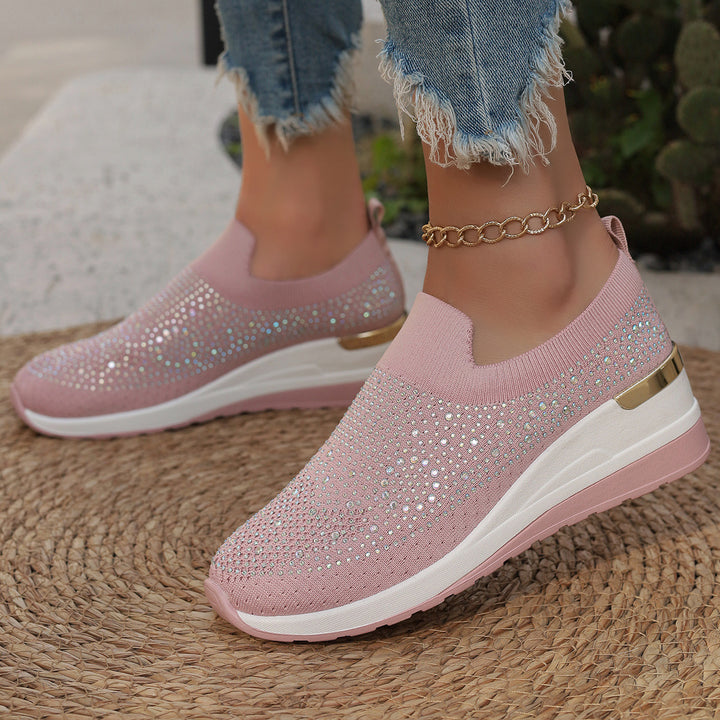Women's knit slip-on sneakers with sparkling rhinestone trim, elastic entry, and cushioned platform sole Mune Fashion