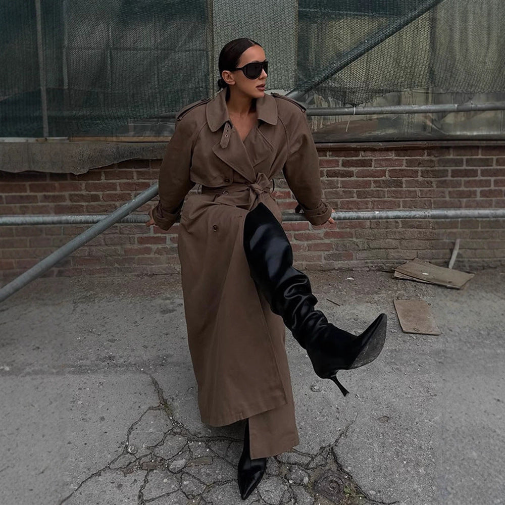 Women's Maxi Length Trench Coat with Emphasized Shoulder Section, Double Button Placket and Tie Belt Mune Fashion