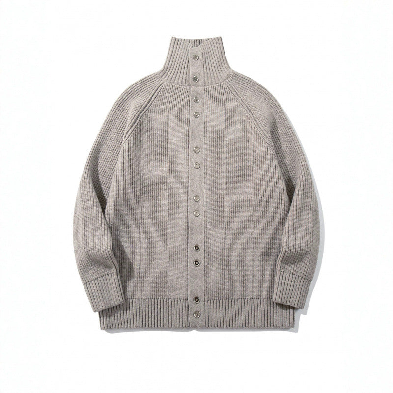 Men's chunky knit button cardigan with high roll collar and raglan sleeves Mune Fashion