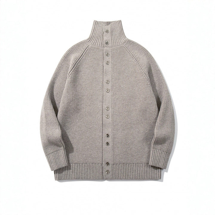 Men's chunky knit button cardigan with high roll collar and raglan sleeves Mune Fashion