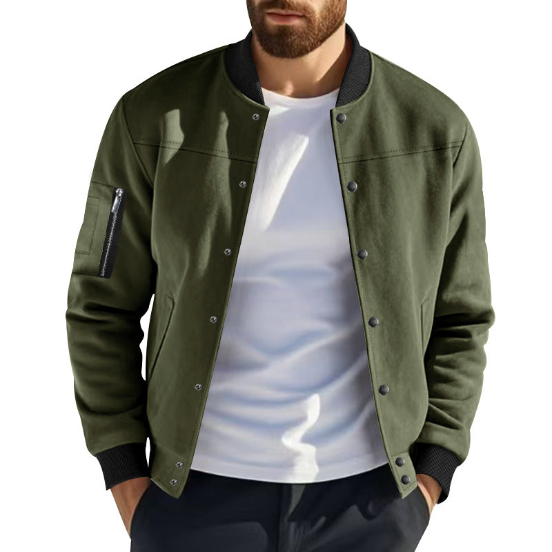 Men's varsity bomber jacket with snap button closure, arm pocket, and ribbed cuffs Mune Fashion