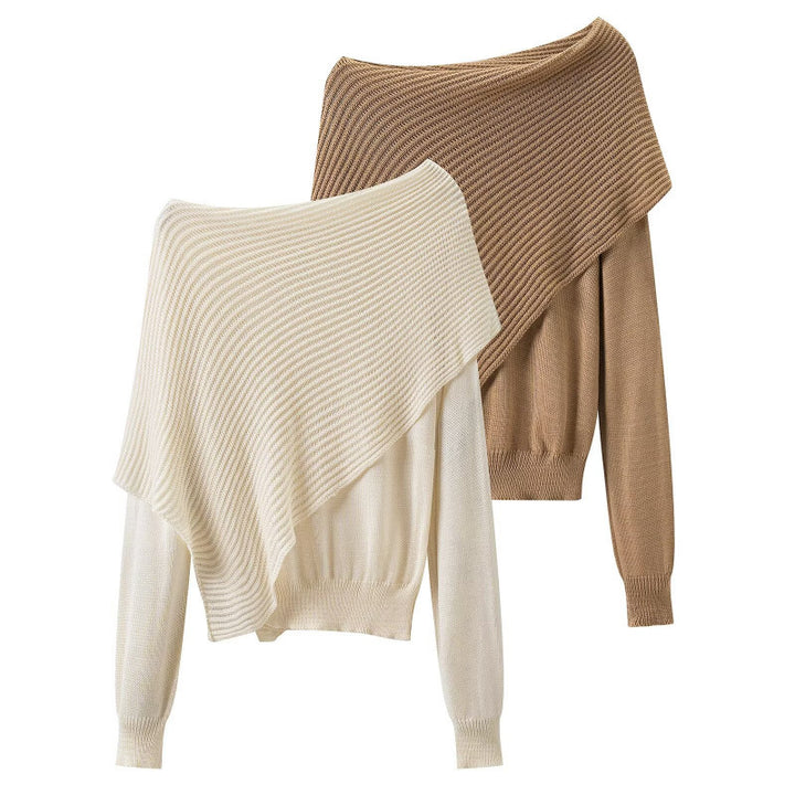 Women Asymmetrical Off-Shoulder Knit Sweater with Poncho Insert Mune Fashion