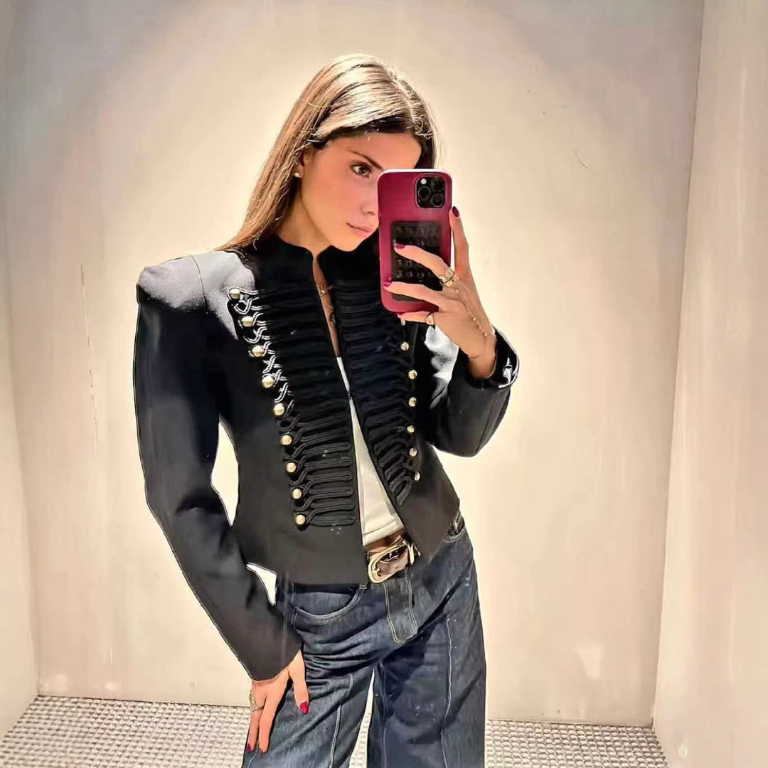 Ladies short jacket inspired by military with stand-up collar and decorative cords Mune Fashion