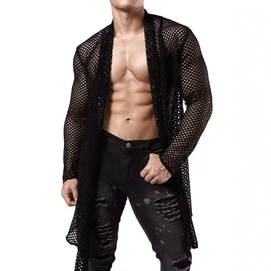 Men's longer crocheted net coat with open cut and figure-hugging fit Mune Fashion