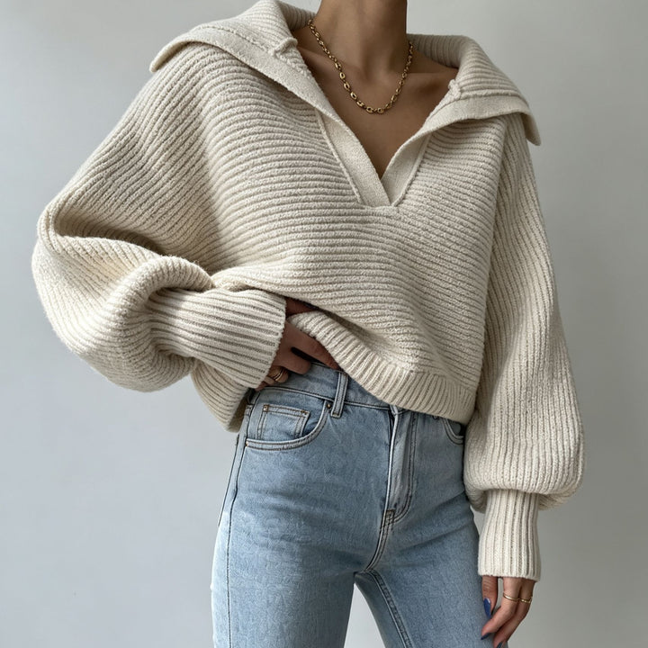 Women's Oversized Knit Sweater with Sailor Collar and Deep V-Neck Mune Fashion