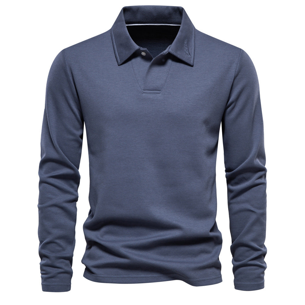 Men's long-sleeved polo shirt with open V-neck, slim fit and tone-on-tone collar embroidery Mune Fashion