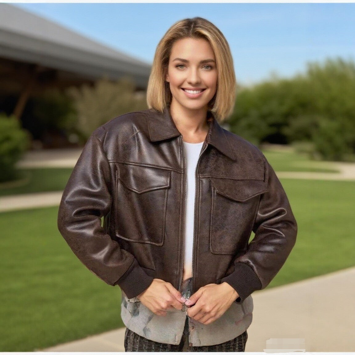 Women's Cropped Suede-Look Bomber Jacket with Large Flap Pockets and Ribbed Hem Mune Fashion