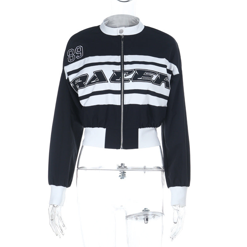 Women's Short-Cut Racer Training Jacket with Zip, Sporty Print and Elastic Hem Mune Fashion
