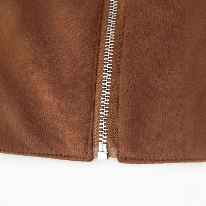 Women's cropped suede look jacket with shirt collar, continuous metal zipper, and side zip pockets Mune Fashion