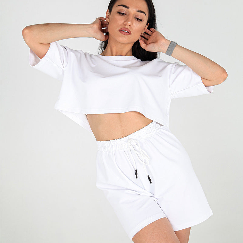 Women Two-Piece Cropped Lounge Set made of Cotton Jersey with Elastic Drawstring Shorts Mune Fashion