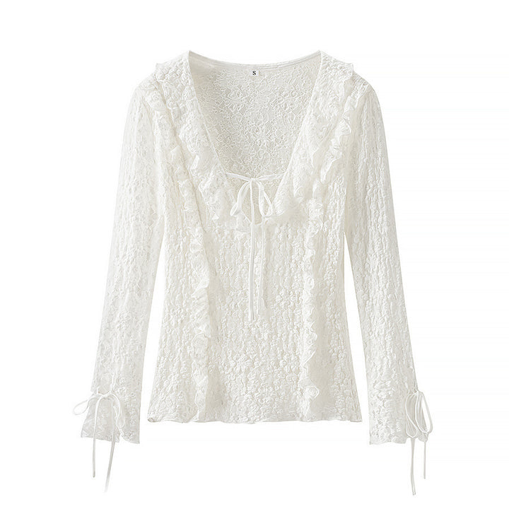 Ladies figure-hugging lace blouse with ruffle V-neck and tie detail Mune Fashion