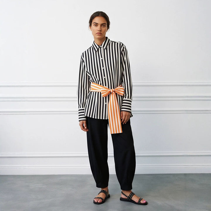 Women Vertical Striped Oversize Shirt Blouse with Boxy Silhouette and Tie Belt Mune Fashion