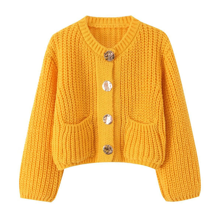 Women Chunky Knit Cropped Cardigan with Decorative Jewelry Buttons and Patch Pockets Mune Fashion