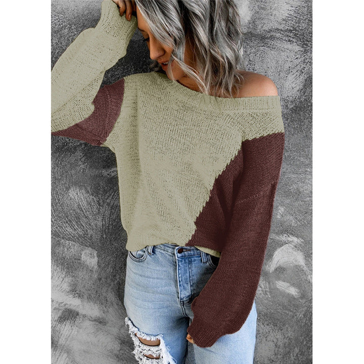 Women's Oversize Knit Sweater with Off-the-Shoulder Cut and Color Block Design Mune Fashion