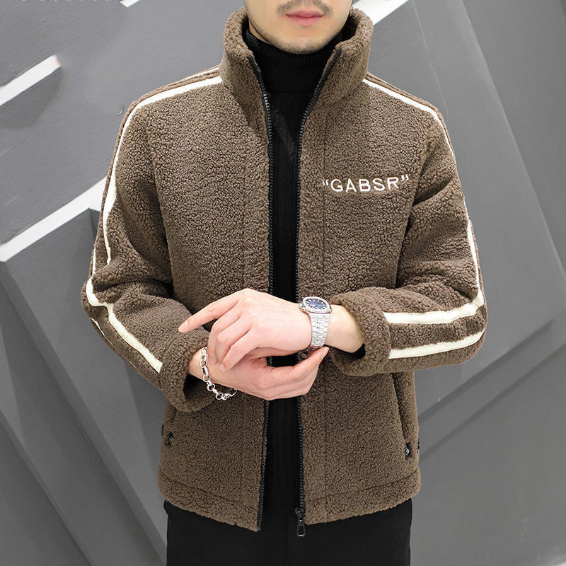 Men's Teddy Fleece Blouson with Stand Collar, Zipper and Contrast Stripes Mune Fashion